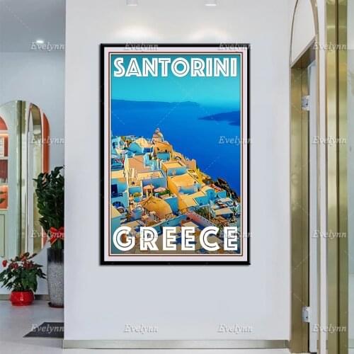Retro Vintage Style Travel Poster Santorini Greece Oil Painting Posters and Print on Canvas Wall Art Modular Pictures Home Decor