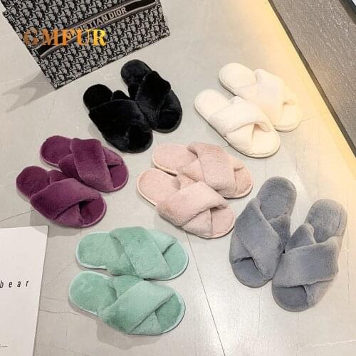Women Home Winter Slippers Cross Plush Open Toe Sandal Soft Flat Shoes Warm Cozy House Furry Ladies Faux Fur Slides Flip Flops