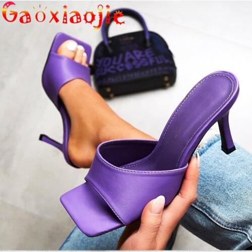 Gaoxiaojie 2021 Summer New High Heel Slippers Women Fashion Square Toe Thin Heels 9CM Ladies Slides Office Sandals Woman Shoes