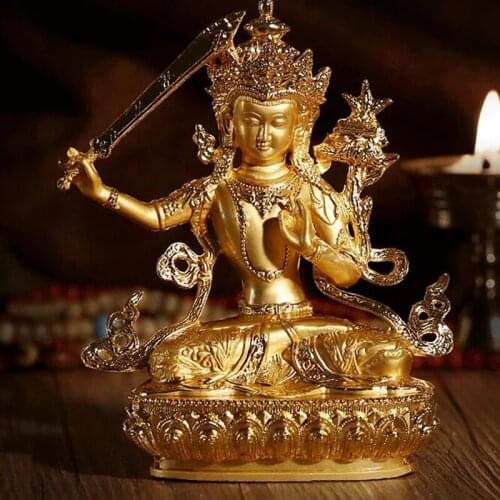 TRANIC EFFICACIOUS BODHISATTVA MANJUSRI GILDING GOLD BUDDHA ALLOY METAL BUDDHIST SUPPLIERS HOME/ OFFICE DECORATE STATUE CRAFT