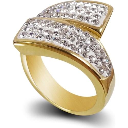 Geometry Rhinestone Ring Gold/Sliver Color Stainless Steel Iced Out Wedding Rings For Women Hip Hop Party Jewelry Dropshipping