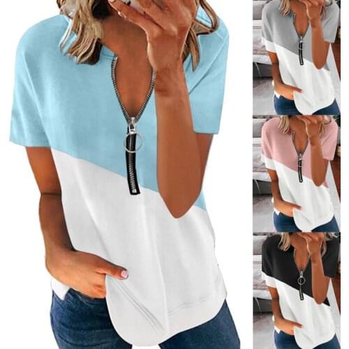 Womens T-shirt Patchwork Short Sleeve Tops Zipper V-neck Casual T-shirt Summer Ladies Loose Tee Shirt Streetwear