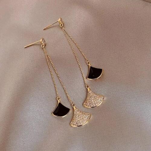 Womens Fashion Long Earrings Gingko Tassel Dangle Earrings Girl Rhinestone Fan Earrings Jewelry Accessories for Women