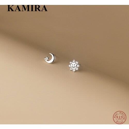 KAMIRA 925 Sterling Silver Korean Chic Sun Moon Smiley Zircon Stud Earrings for Women Wedding Simple Lovely Jewelry Accessories
