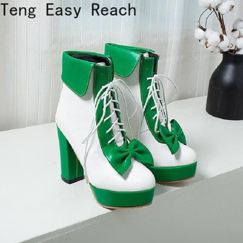 Ladies Platform Ankle Boots Lovely Sweet Bow Ankle Boots Women Shoes Shoelace Platform Lolita Shoes Woman Plus Size 34-48