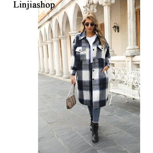 Spring women woolen coat trench plaid elegant pockets jacket turn down collor long femme vestidos