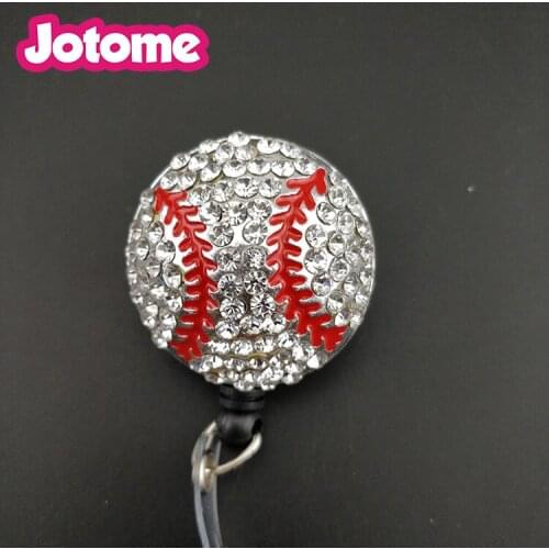 10pcs/lot bling rhinestone baseball round retractable id badge holder/id working badge reel
