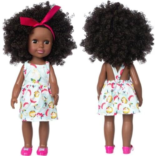 14 Inch Baby Dolls For Kids Born Accessories Printed Dress With Explosive Hairstyle Polyvinyl Chloride Soft African Doll
