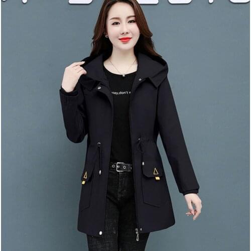 2021 Womens Trench Coat Spring Autumn Solid Color Hooded Casual Tops Plus Size Black Khaki Blue Windbreaker Have Lining KW1111