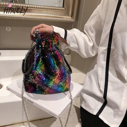 2021 Women Mini Sequin Bucket Shoulder Bag Chain Evening Party Messenger Crossbody Bag for Girls Female Handbag bolsa feminina