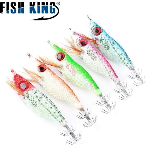 5PC Bionic bait wooden shrimp squid hook octopus hook Artificial Lure 10cm/8g 3color Glow Jigging Octopus Jig Luminous Fake bait