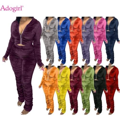 Adogirl Solid Velvet Hooded Two Piece Set Autumn Long Sleeve Zipper Rushed Hoodies Stacked Pants Tracksuit Fashion Sports Outfit