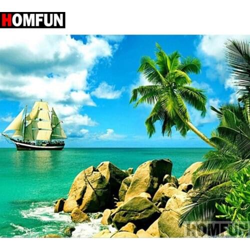 HOMFUN Full Square/Round Drill 5D DIY Diamond Painting "Sea boat scenery" 3D Diamond Embroidery Cross Stitch Home Decor A19034