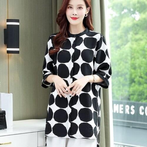 Spring Summer Women Tencel Shirts Elegant Temperament Casual Blouses Print Dots Stand-Up Collar Loosse Tops Blusas MM0587
