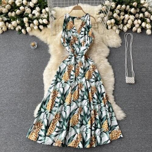 Europe Style 2021 Summer Womens Sleeveless V Neck Halter Floral Print Off Back A Line Dress Female Vacation Party Dresses