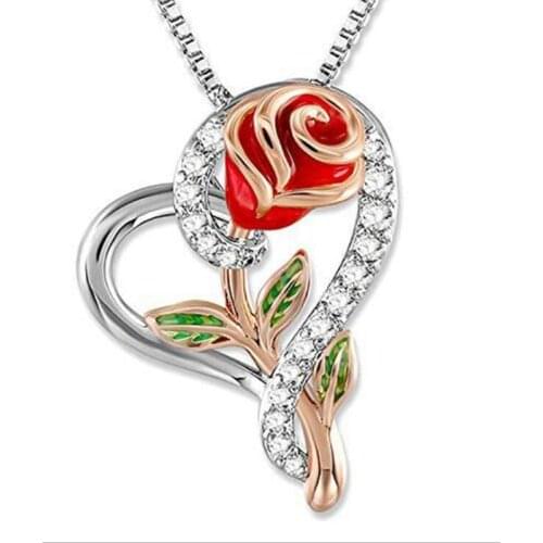 Rose Flower Necklace For Women Love Heart Charm Pendant Necklace Valentines Mothers Day Jewelry Gift Romantic Wedding Necklace