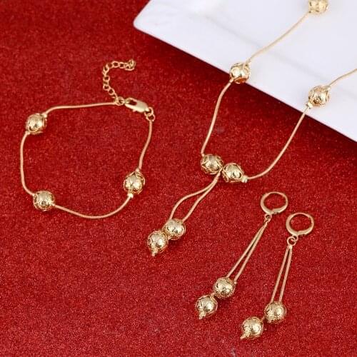 African Beaded Earrings Necklace Bracelet Sets Gold Color Ball Ethiopian Women Jewelry Wedding