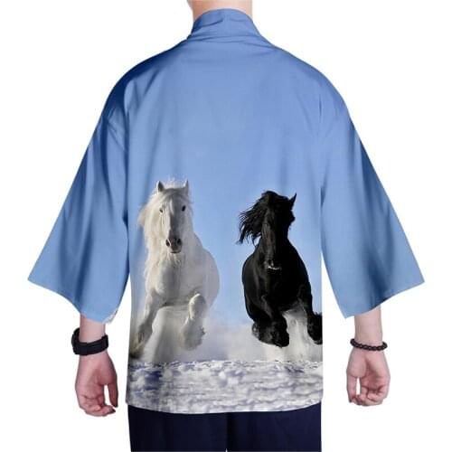 White and Black Horse Costume 3d Print Kimono Shirt Men Seven Point Sleeve Tops Daily Casual Cool Cardigan Jackets Streetwear