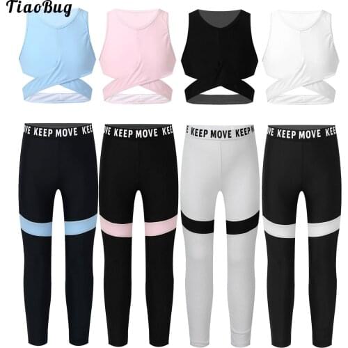 4 To 14 Years Summer 2Pcs Kids Girls Sport Suits O-Neck Sleeveless Racer Back Sash Cross Waist Gym Yoga Dance Top Pants Sets