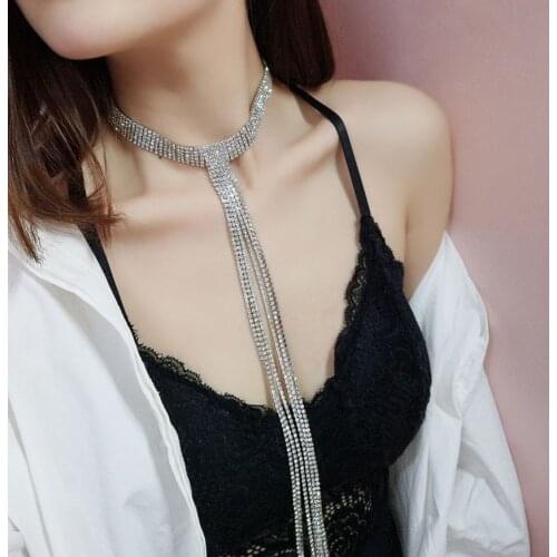 Fashion T-shaped crystal neck chain Wedding Bridal Gift fashion accessories long tassel Pendant Necklace accessories