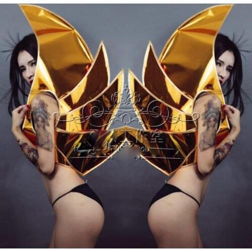 Men women models catwalk space show party Gold silver mirror shoulder wear Science technology future costume