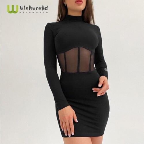2021 New Slim Fit Mesh Splicing Hip Wrap Skirt Long Sleeve Half High Neck Short Summer Sundress Women Sexy Club Party Dress