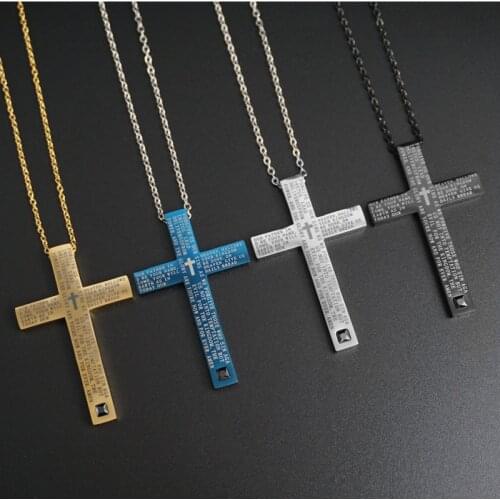 New Stainless Steel Necklace for Men Jesus Crystal Cross Pendant Necklace Gold Color and Blue Male Cross Fashion Jewelry Gift
