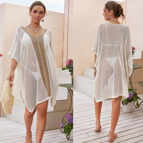 Beach Dress 2021 Summer Sexy Short-Sleeved V-Neck Loose Slit Tops Crochet Hollow Beachwear Cover Ups For Swimwear Women
