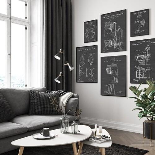 Bathroom Ware Patent Retro Poster Flush Toilet Paper Toilet Lid Patent Blackboard Drawing Canvas Painting Washing Room Decor