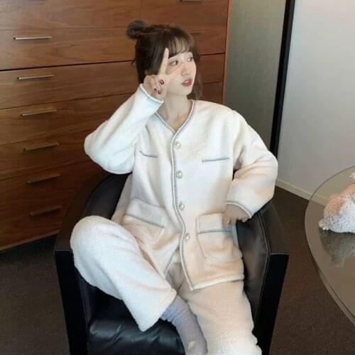 QWEEK Autumn Clothes Women Winter Home Clothes Solid Color Pocket Pajamas Two Piece Set Fashion Loungewear Pyjamas Pijamas Warm