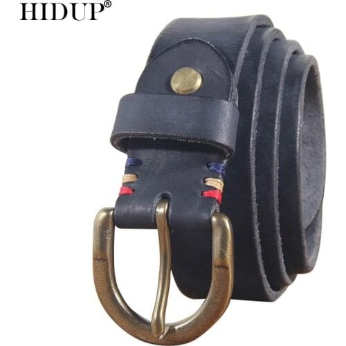 HIDUP Unique Design Top Quality Cowhide Leather Belts Retro Styles Brass Pin Buckle Metal Belt for Men Jeans Accessories NWJ944