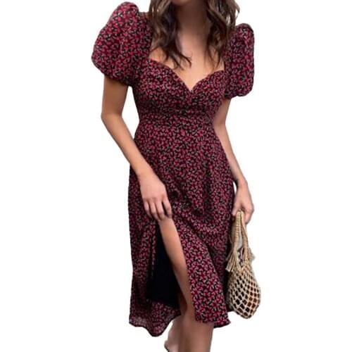 Sexy Women Summer Dresses Flowy Hem Square Neck Floral Print Puff Short Sleeve Split Midi Dress Sundress