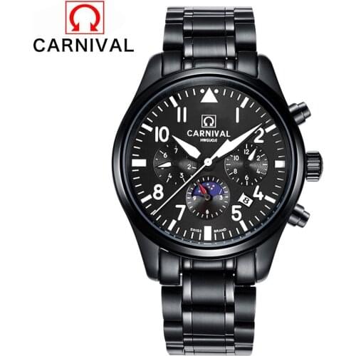 Switzerland Carnival Automatic mechanical Watches Men Luxury Brand Waterproof Stainless Steel Watch Multifunction Pilot Clock