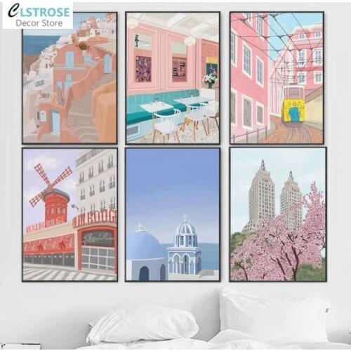 Nordic Landscape Travel City Posters and Prints Pink Architectural Canvas Painting Wall Art Pictures Living Room for Decoration