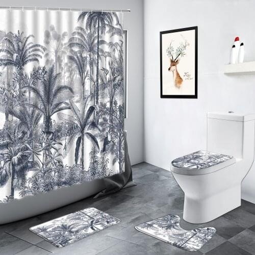 Retro Tropical Plant Banana Palm Trees Shower Curtain Wild Animal Jungle Scenery Bathroom Non-slip Rug Bath Mat Toilet Decor Set