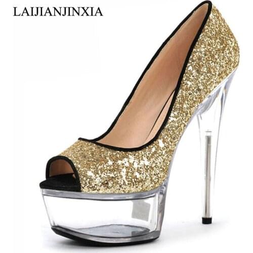 2016 Glitter shoes woman spring/autumn Peep Toe 15cm high heels crystal platform wedding Patent Leather pumps,Big 35-45 46