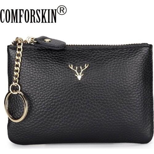 COMFORSKIN Deer Head Style Coin Purse For Female Dropshipping Cowhide Leather Women Zipper Purse With Key Ring Lady Coin Pocket