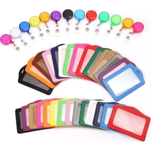 PU Leather ID Card Holder With Retractable Badge Holder Clip Nurse Worker Students Name Card Holder Lanyard