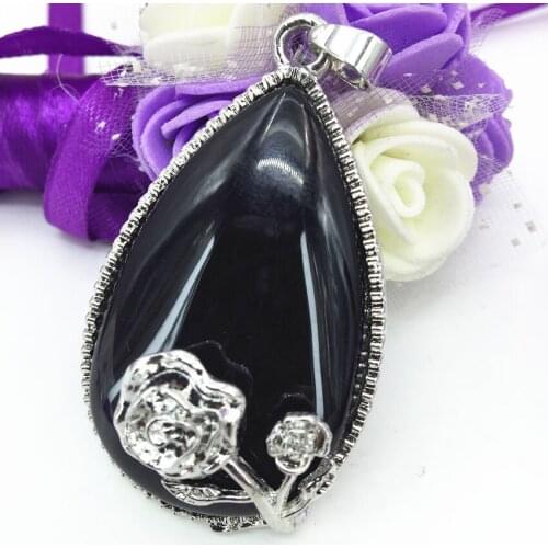 High quality black stone carnelian agat teardrop pendant 32*49mm silver-color flower wire winding women charms jewelry B3078