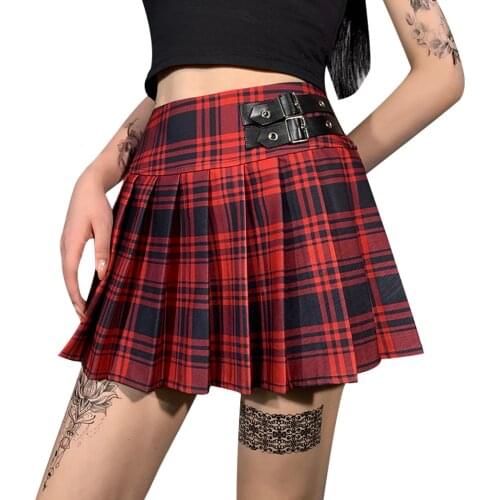 2021 Womens Mini Pleated Skirt Punk Style Plaid Print High Waist A-Line Skirt with Leather Buckle