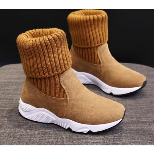 Winter Women Sock Boots Warm Fur Women Sneakers Snow Boots Ladies Stretch Brown Short Booties Autumn Female Casual Cotton Shoes