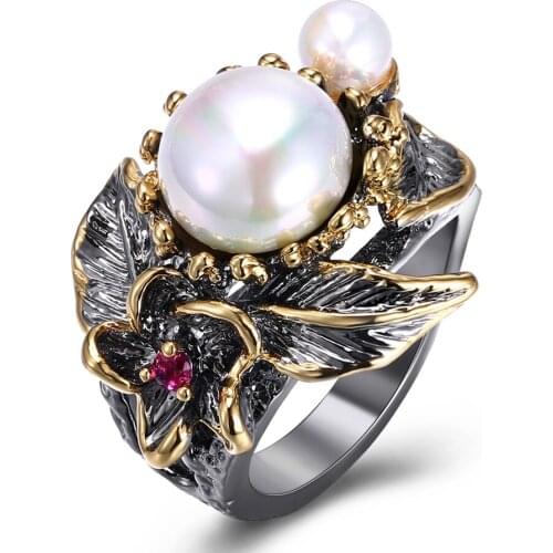 Best Buy Elegant Jewelry Ring with Pearl Multi colorful stone Black Gold-color Fashion Unique Design Party Anniversary Gift Ring