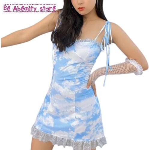Womens Straped Woman Lace Strapless Dresses Slim Skirt Printed Mini Printing Blue Sexy Above Knee Vintage E-Girl Vestidos