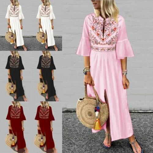 2019 Women Classical V-neck Split Maxi Dress Flare Sleeve Vintage Long Dresses Summer Beach Sundress Plus Size Vestidos S-2XL
