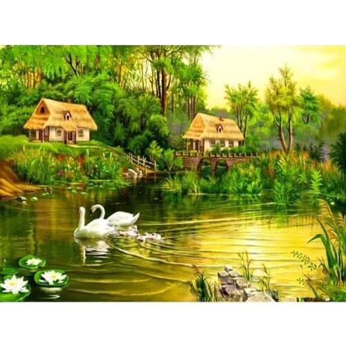 3D Diamond Embroidery Landscape Lake and Green Tree Pattern Diy Diamond Painting Mountain village Full Diamond Mosaic Swans L582