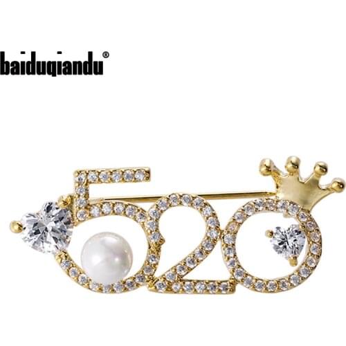 Baiduqiandu Cubic Zirconia 520 Numbers Brooches Pins With Pearl And Crown Romantic Sweet Lovers' Jewelry Wedding Banquet Gifts
