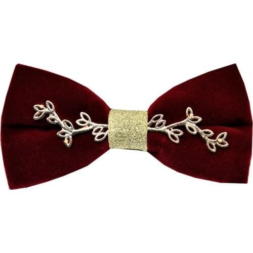 Velvet Bow Tie for Mens Wedding Wine Red Flat-head Solid Color Rhinestone Double-layer Personality Fashion Groom Bowtie