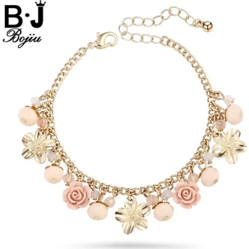Bojiu Flowers Bracelet Pink Rose Romantic Bracelet For Women Crystal Beads Fruits Lobster Link Extended Chain Bracelets BC59