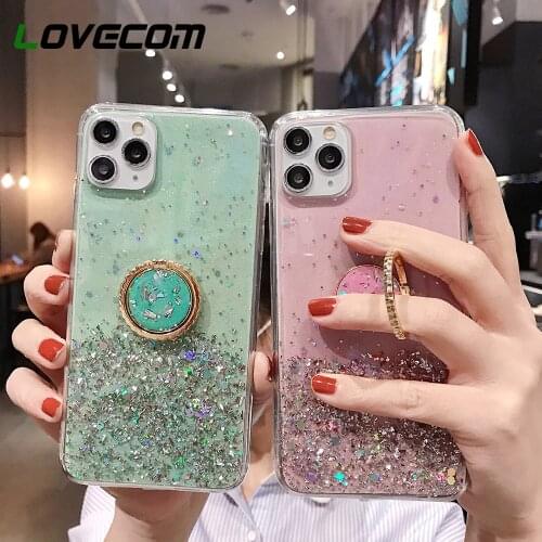 LOVECOM Finger Ring Stand Phone Case For iPhone 11 12 Pro Max XR XS Max 7 8 Plus X Gradient Glitter Star Soft Epoxy Back Cover