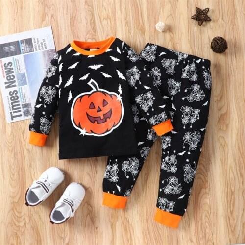 Childrens Clothing New Boys Pumpkin Bat Print Black Long-sleeved Two-piece Cotton Halloween Suit Childrens Clothing